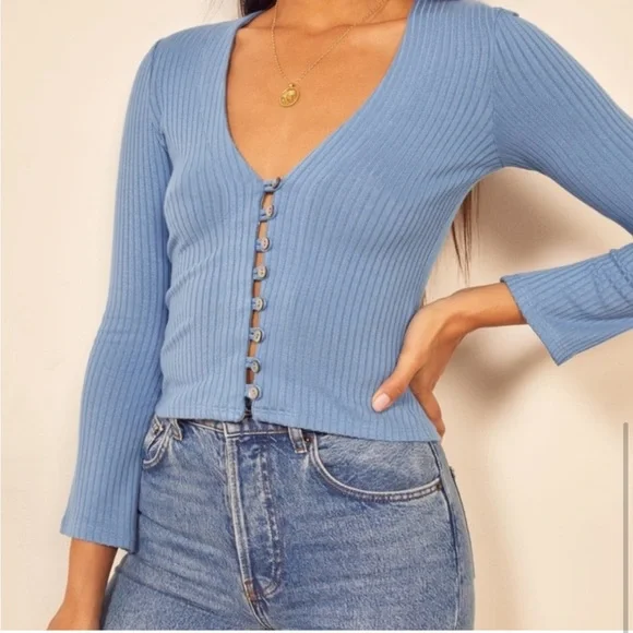 Reformation Sz 2 XS Gellar Long Sleeve Ribbed V Neck Cardigan Stretch XXS - Picture 3 of 7